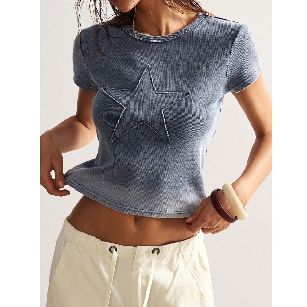 Cotton Rib Knit Grey Tee Shirt Star Patch Applique - Picture 7 of 9